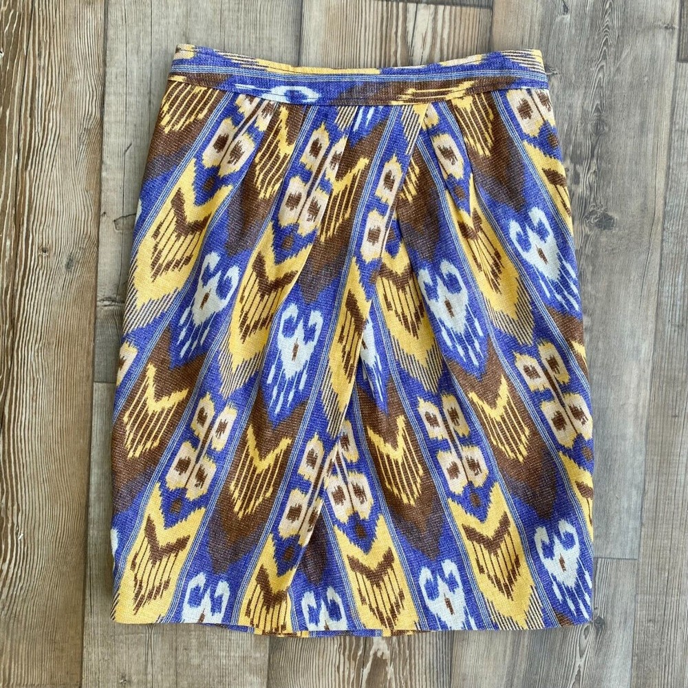 Tory Burch Jemima Tribal Metallic Ikat Pleated Linen Tulip Skirt Women's Sz 8